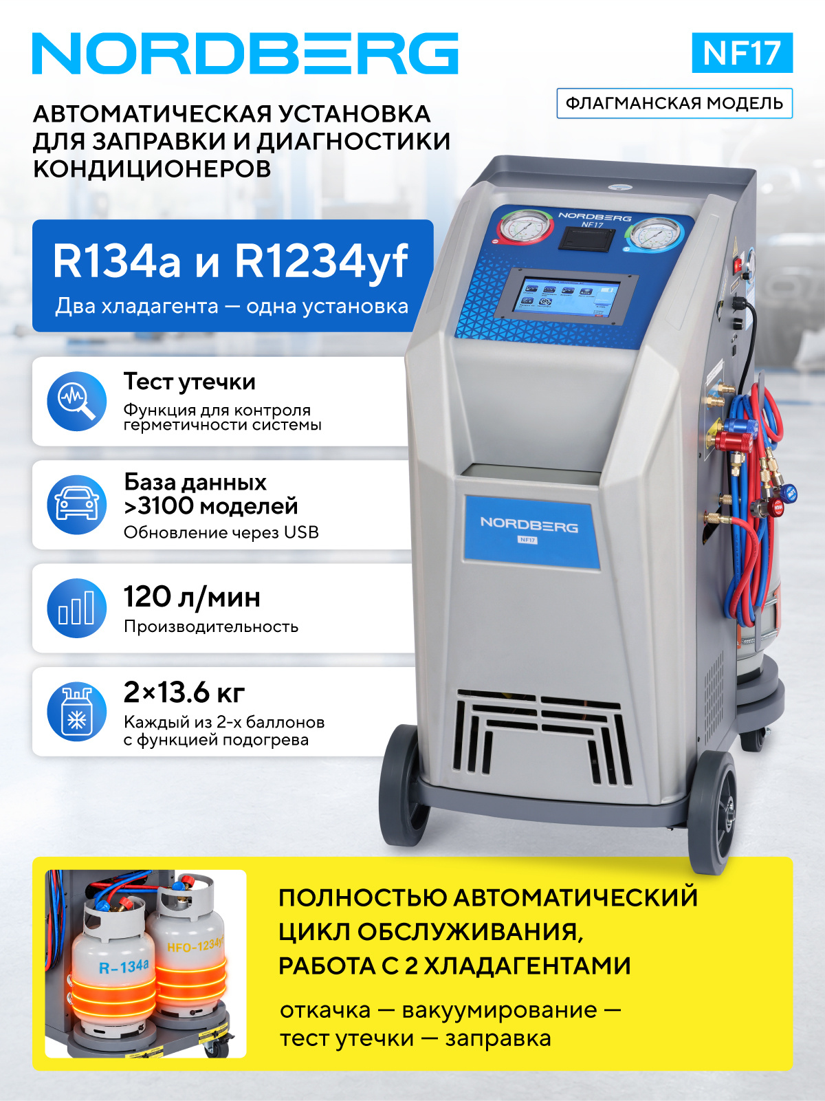 Установка автомат для заправки автомобильных кондиционеров (R134a+R1234yf) NORDBERG NF17