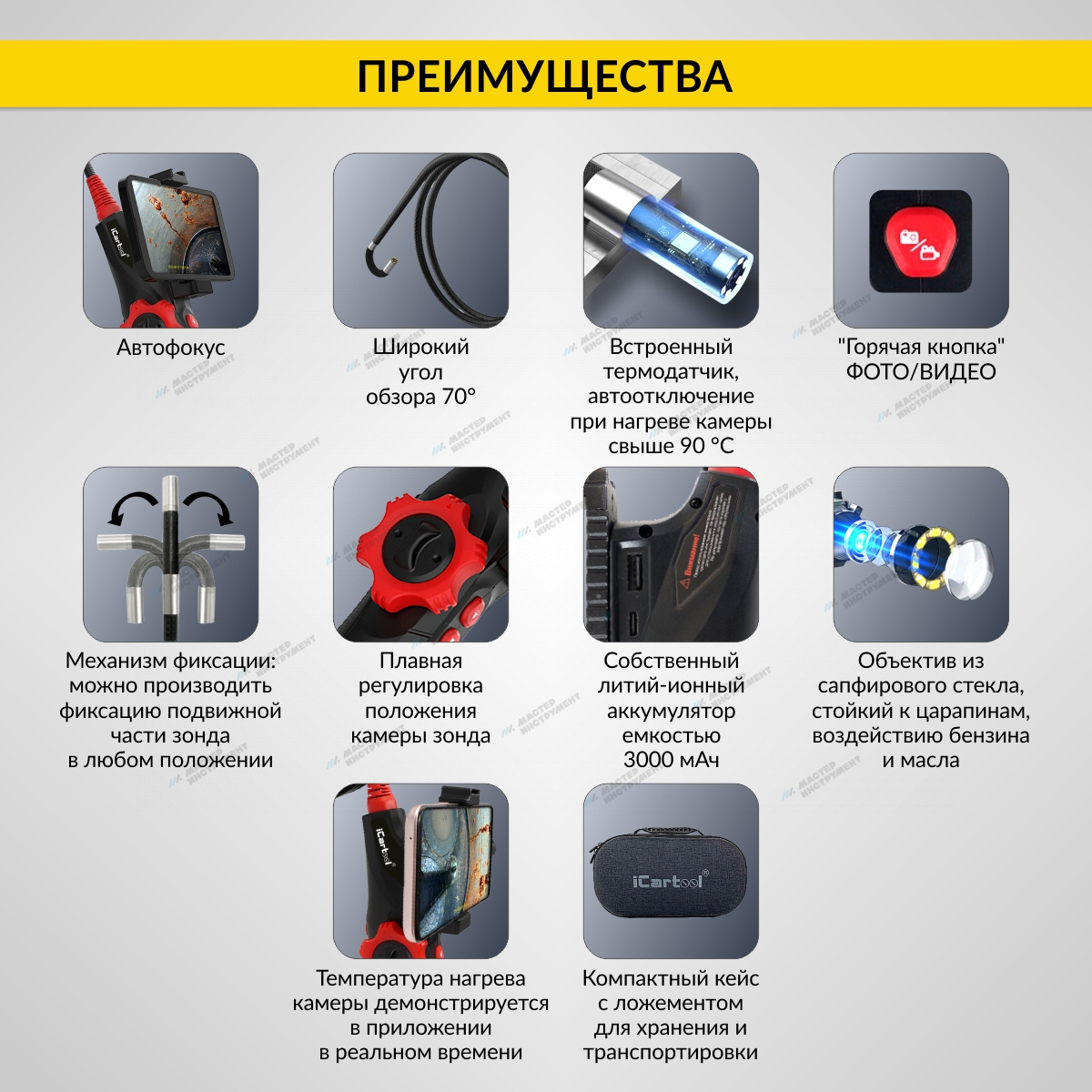 Видеоэндоскоп управляемый USB, 2Мп, 1920x1080, 1м, 6мм, 360° iCartool IC-V200