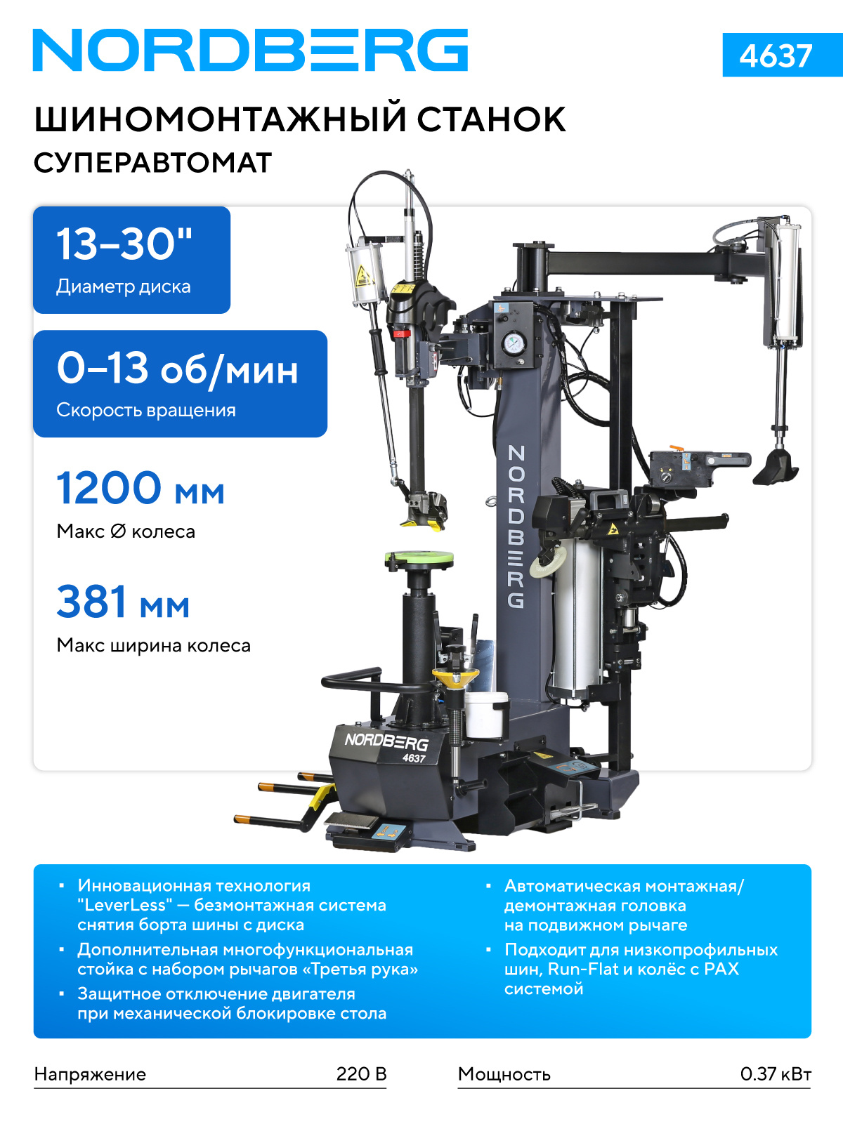Станок шиномонтажный суперавтомат, до 30" с автоматической монтажной головкой, серый NORDBERG 4637